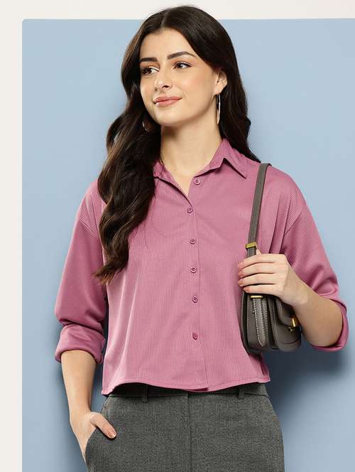 women solid collared long sleeve crop shirt - 22074056 -  Standard Image - 0