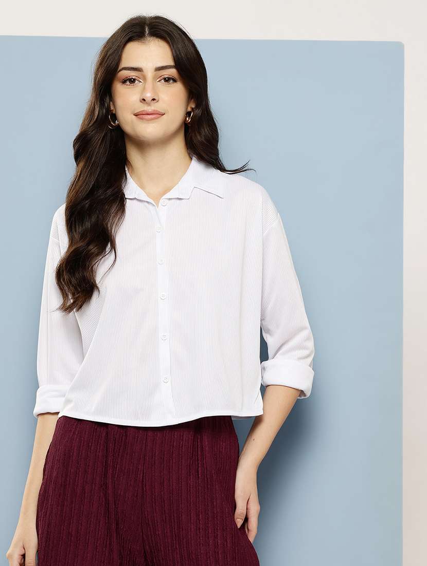 women solid collared long sleeve crop shirt