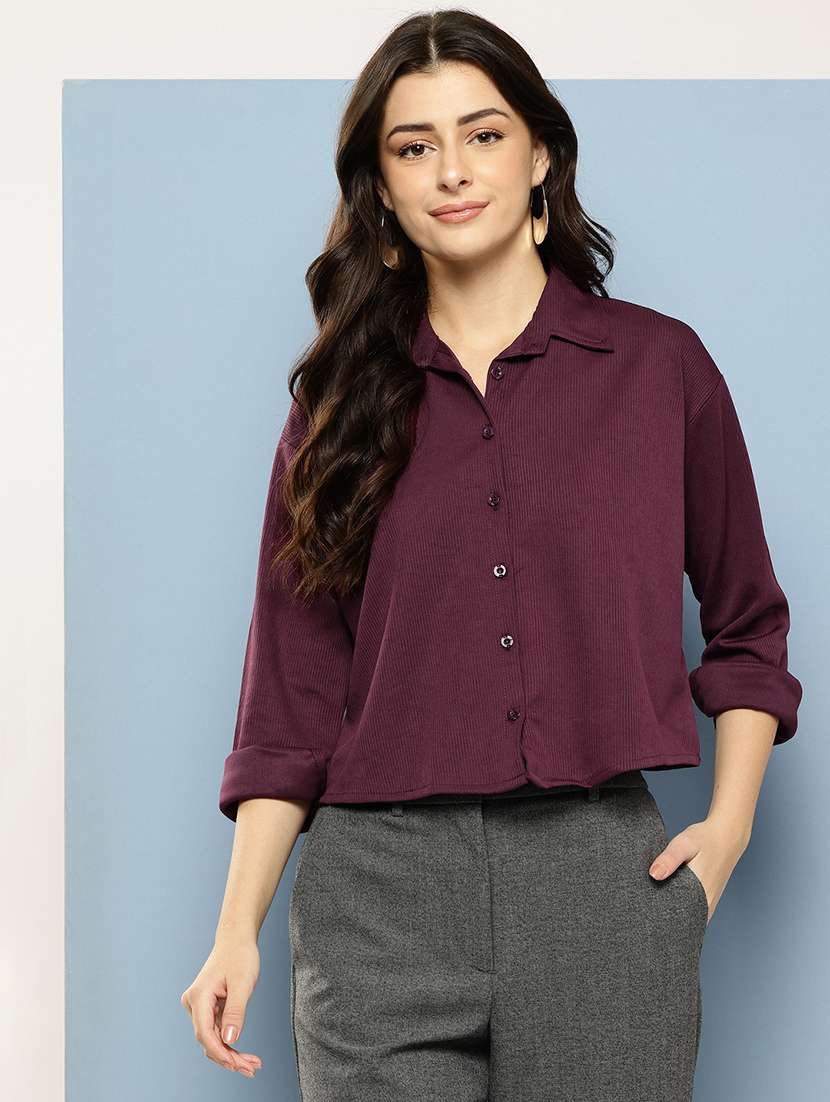 women solid collared long sleeve crop shirt