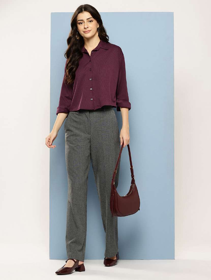 women solid collared long sleeve crop shirt - 22074058 - Standard Image - 3