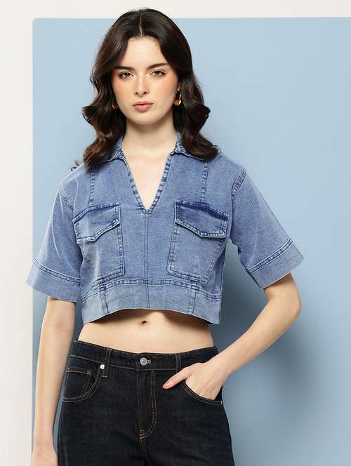 women solid collared denim crop top - 22074099 -  Standard Image - 0