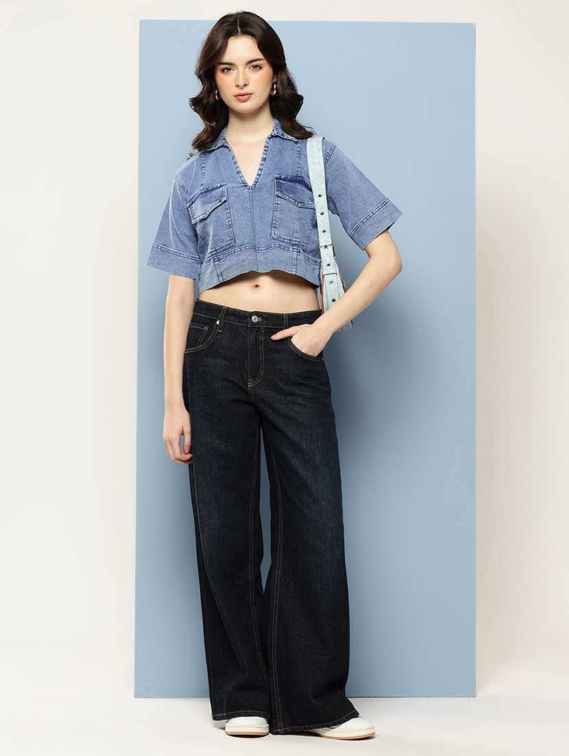women solid collared denim crop top - 22074099 -  Standard Image - 3