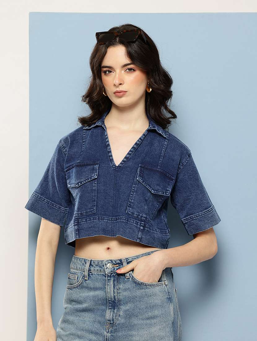 women solid collared denim crop top - 22074100 -  Zoom Image - 0
