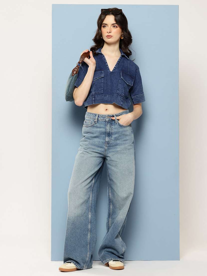 women solid collared denim crop top - 22074100 -  Standard Image - 3
