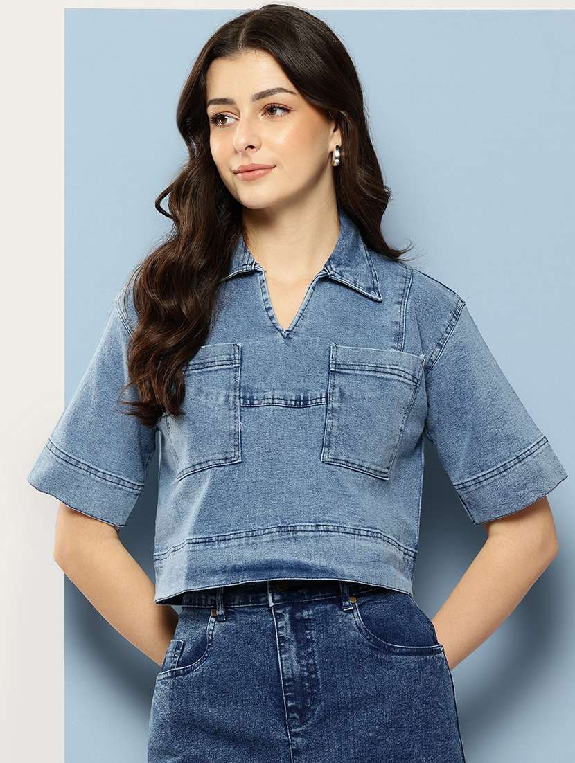 women solid collared denim crop top