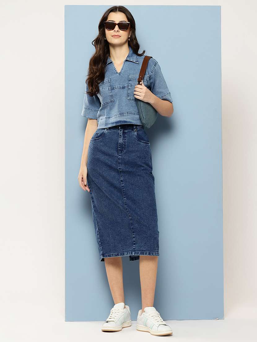 women solid collared denim crop top - 22074101 -  Standard Image - 3