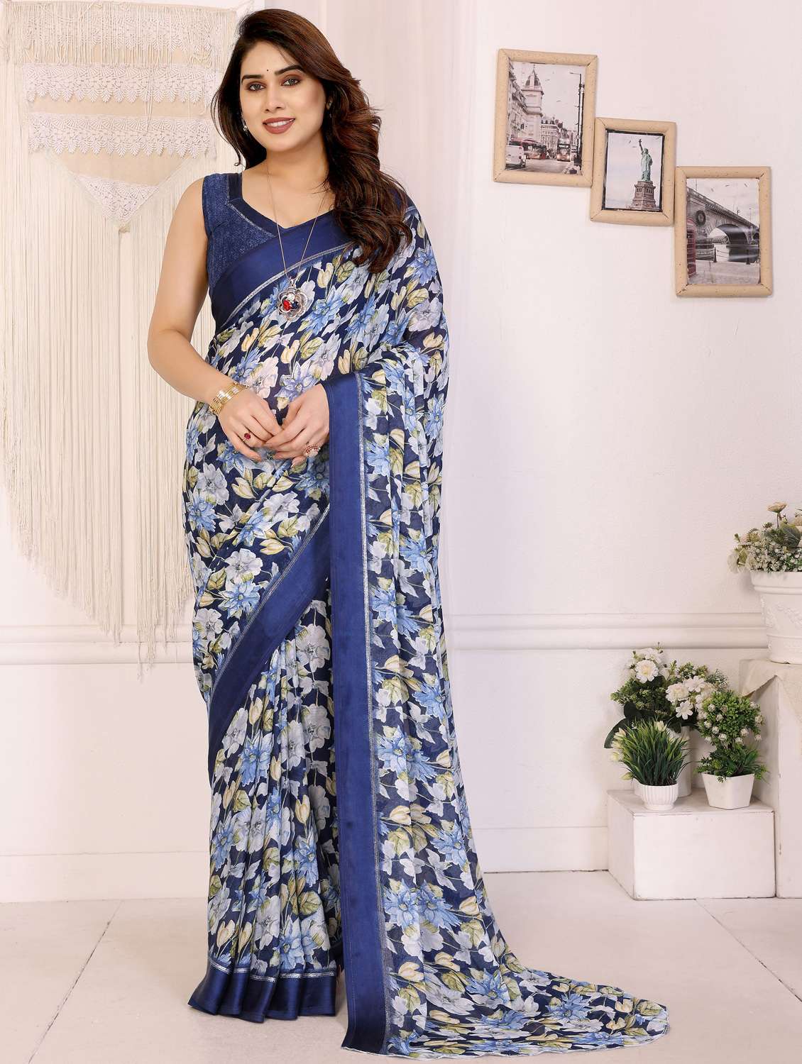 women floral printed saree with blouse