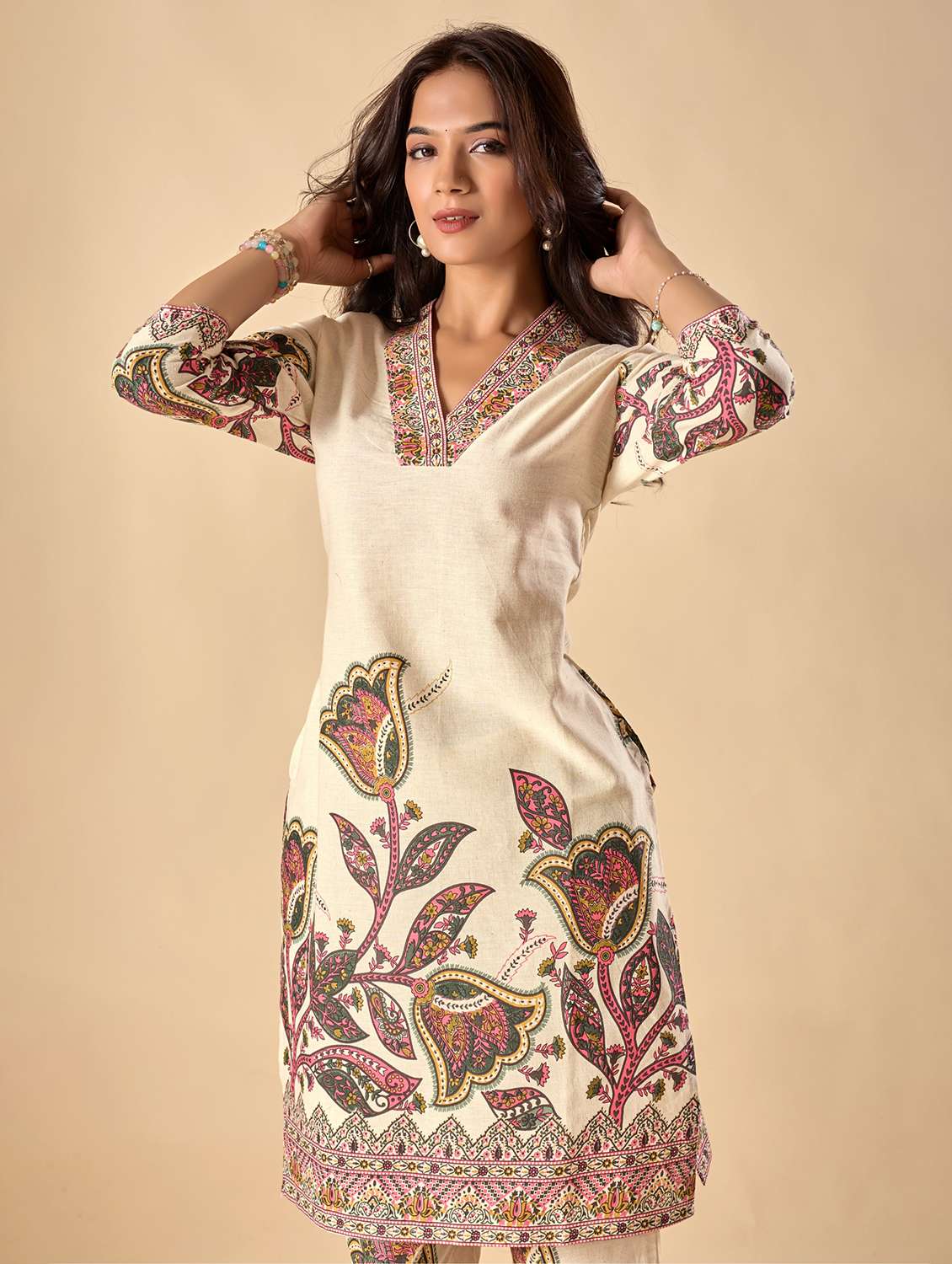 women printed three quarter sleeve kurta pant set - 22074139 -  Standard Image - 5