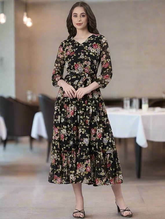 women floral print three quarter sleeve tiered dress - 22074168 - Zoom Image - 0