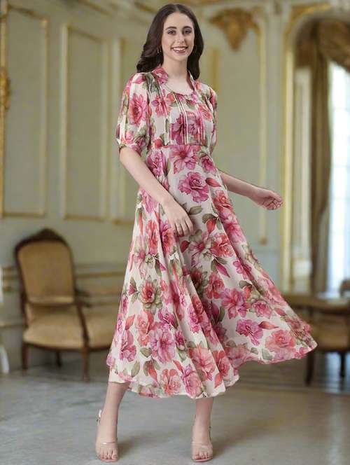 women floral print puff sleeve fit & flare dress - 22074169 - Standard Image - 0