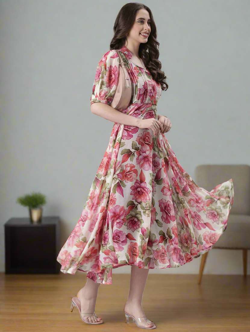 women floral print puff sleeve fit & flare dress - 22074169 - Standard Image - 3