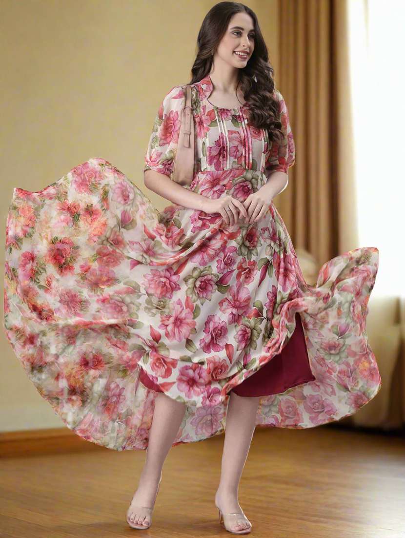 women floral print puff sleeve fit & flare dress - 22074169 - Standard Image - 5
