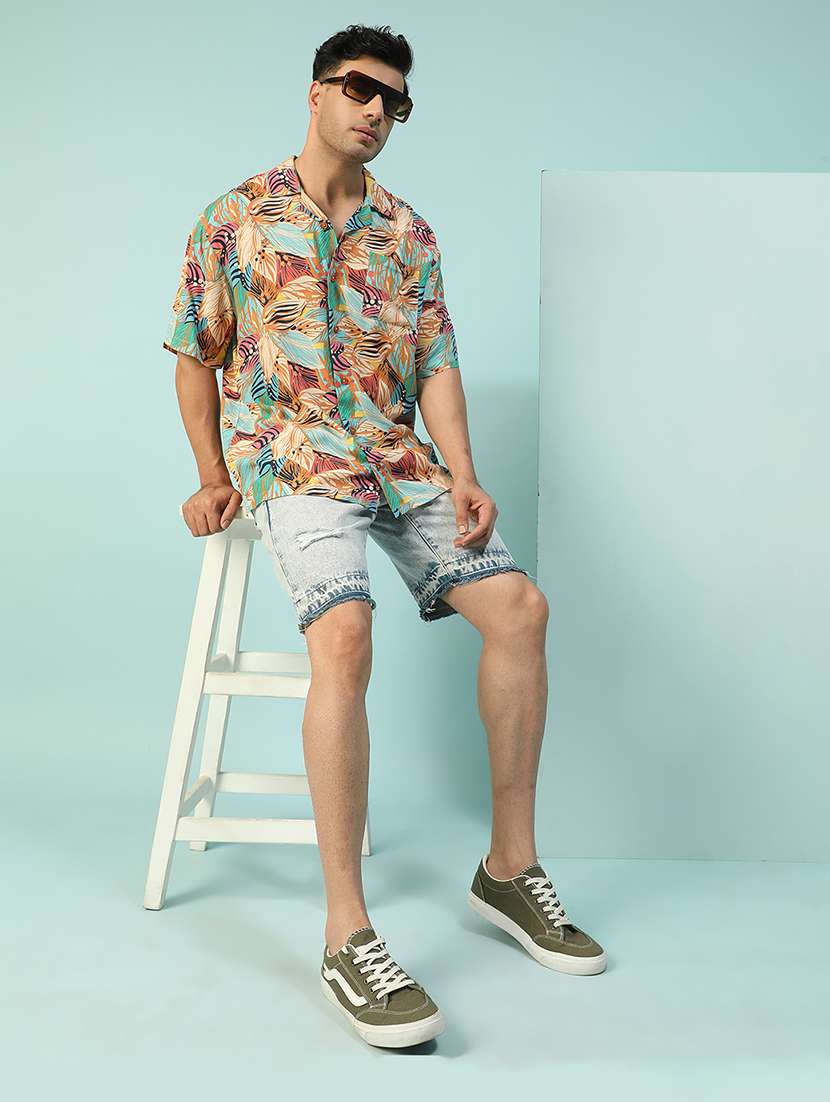 men tropical printed short sleeve loose fit casual shirt - 22074203 -  Standard Image - 3