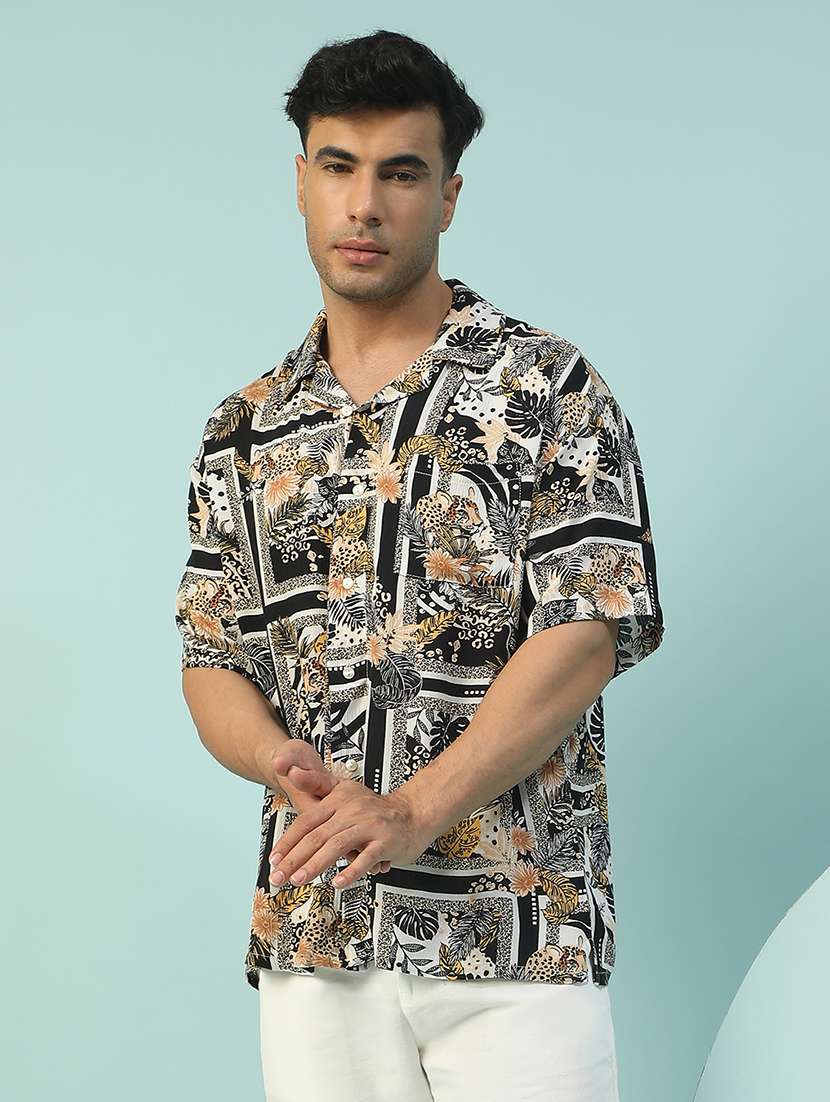 men floral printed short sleeve loose fit casual shirt