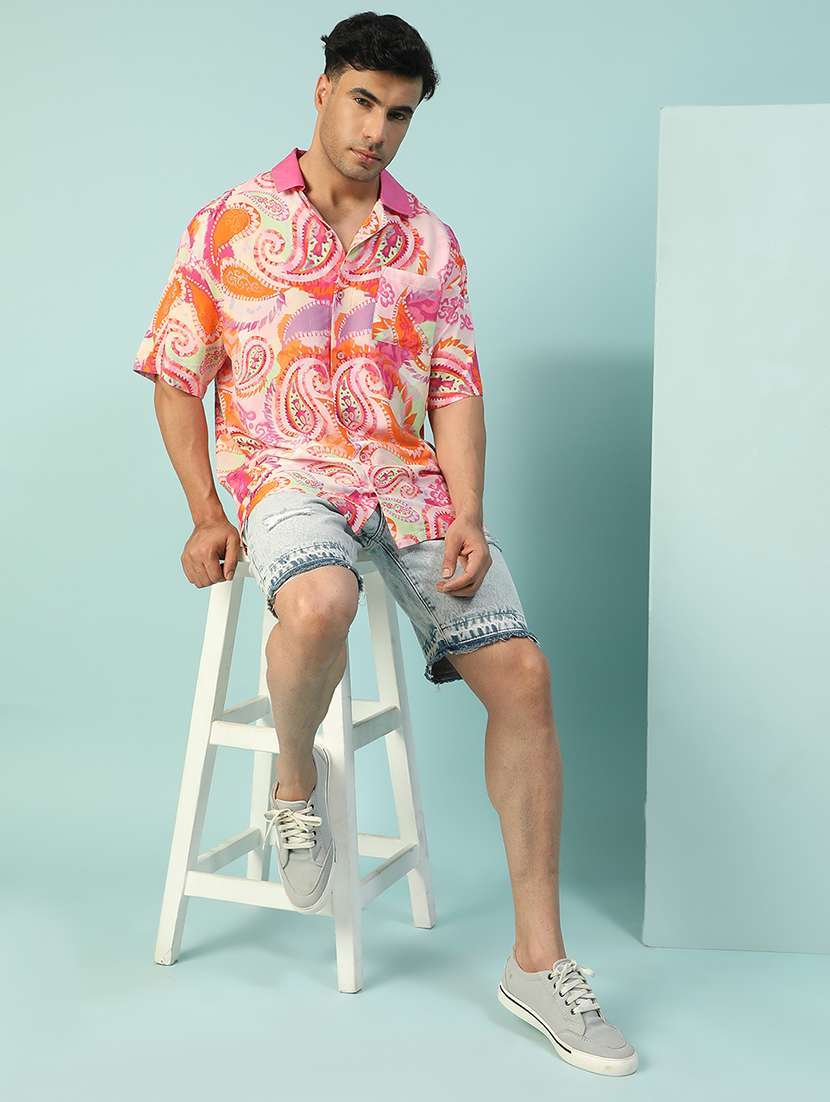 men paisley printed short sleeve loose fit casual shirt - 22074208 -  Standard Image - 3