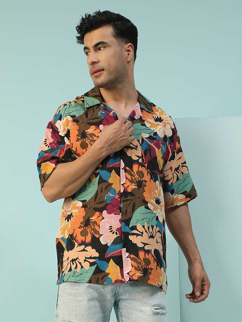men floral printed short sleeve loose fit casual shirt