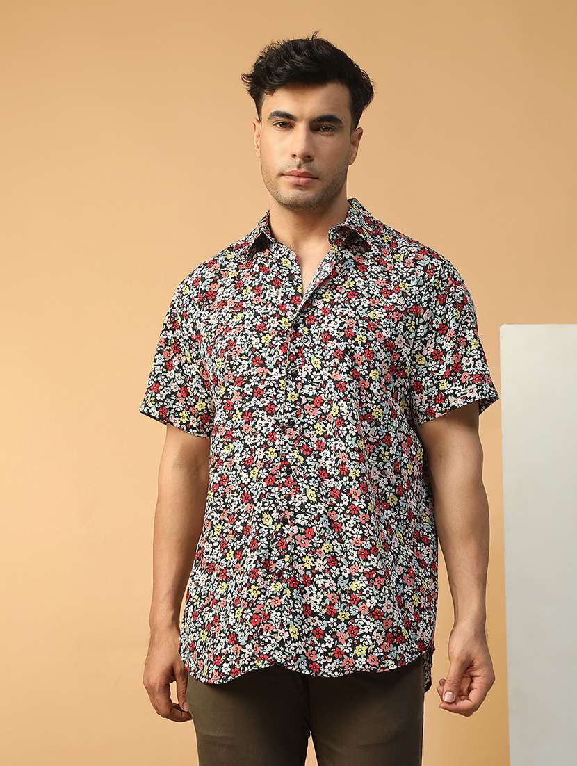 men floral printed short sleeve regular fit casual shirt