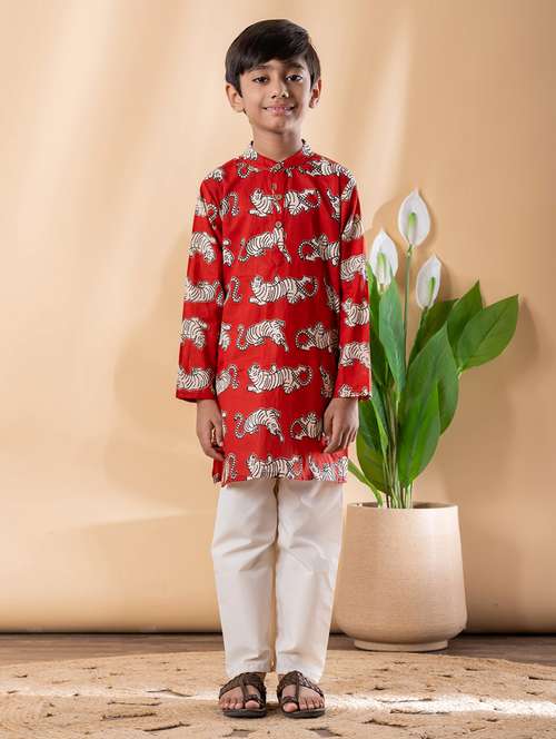 boys printed long sleeve kurta & pyjama set - 22074230 -  Standard Image - 0
