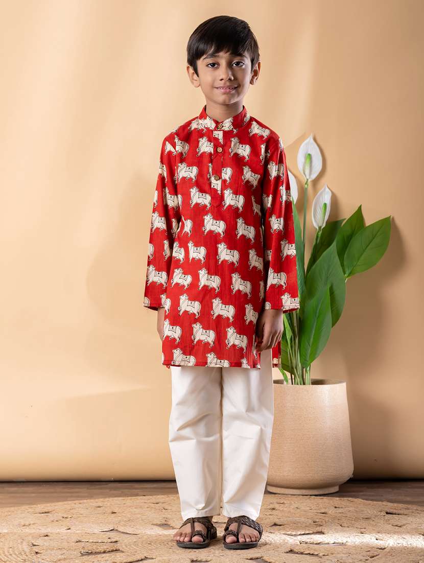 boys printed long sleeve kurta & pyjama set