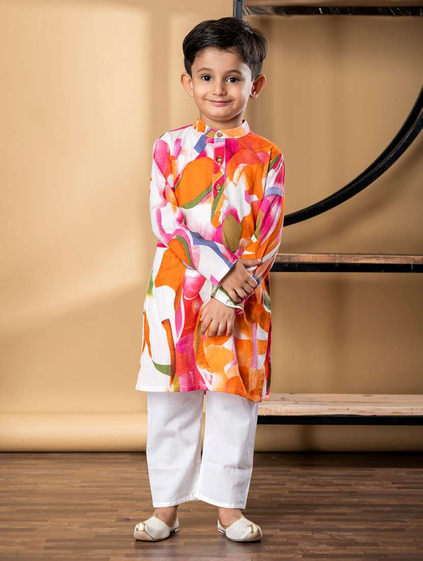 boys printed long sleeve kurta & pyjama set 