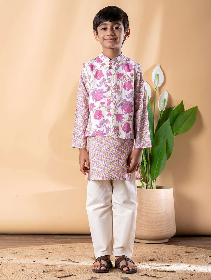 boys printed long sleeve kurta & pyjama set with jacket