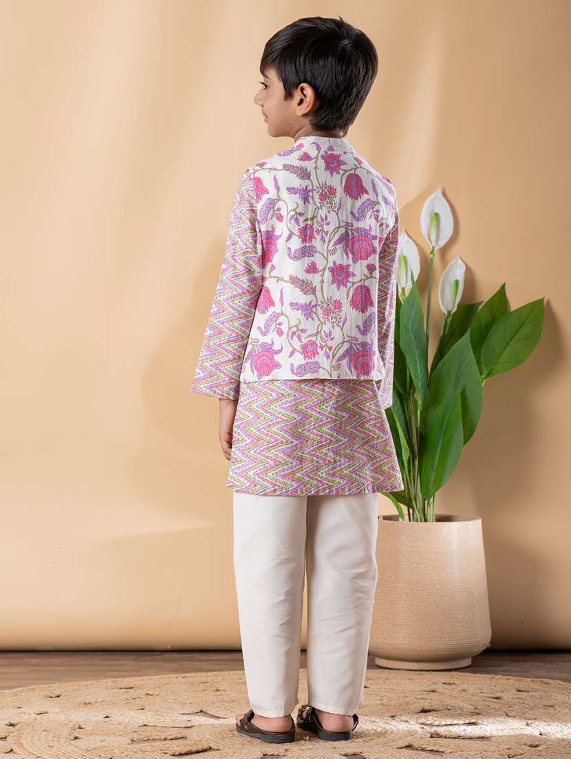 boys printed long sleeve kurta & pyjama set with jacket - 22074241 -  Standard Image - 3