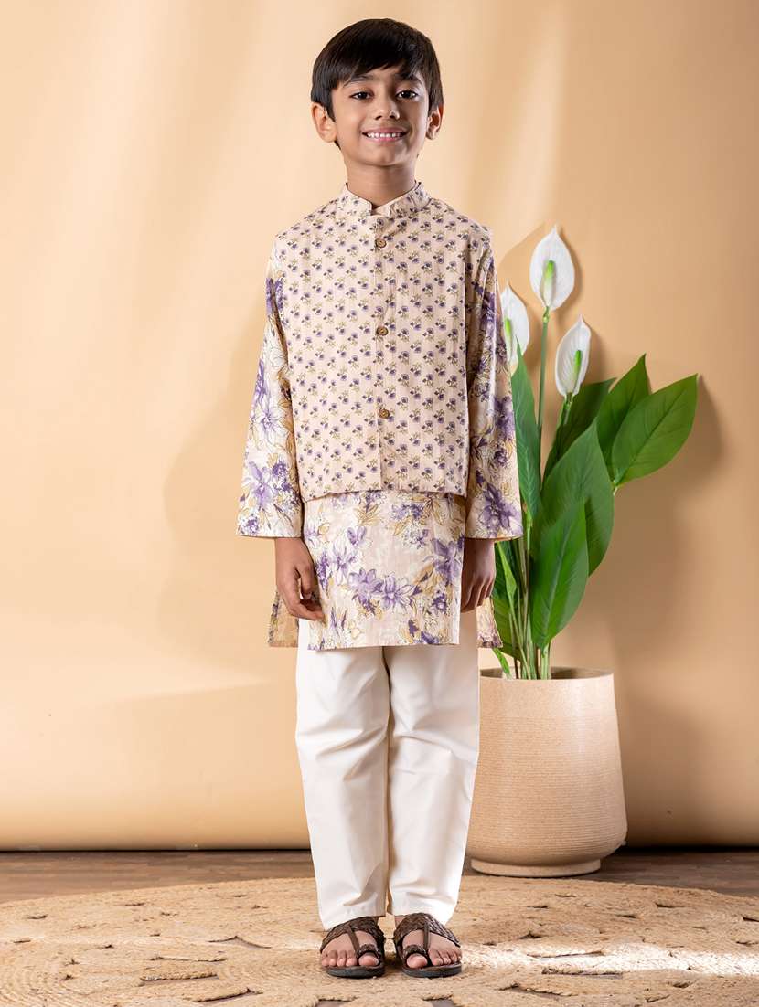 boys printed long sleeve kurta & pyjama set with jacket
