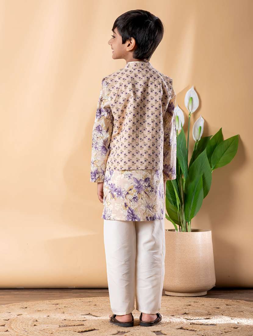 boys printed long sleeve kurta & pyjama set with jacket - 22074244 -  Standard Image - 3