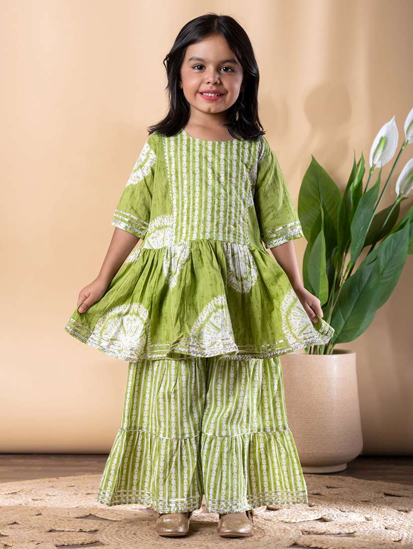 girls printed three quarter sleeve kurta and sharara set 