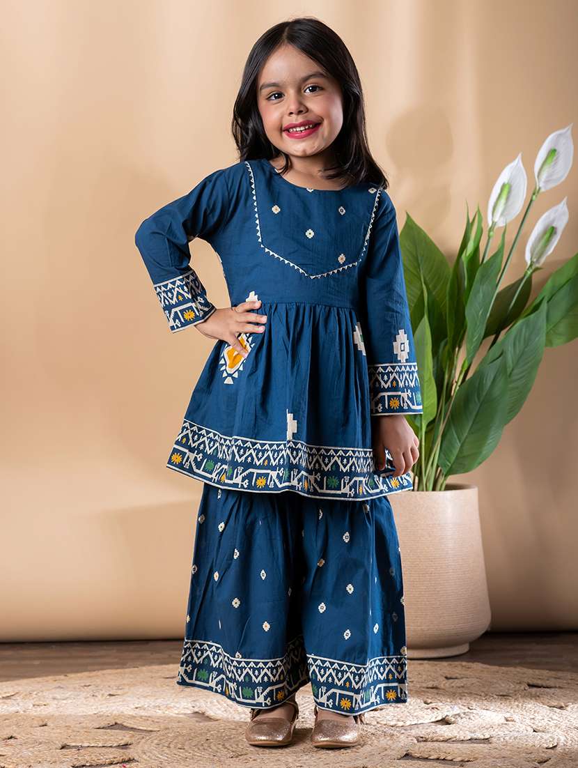 girls printed kurta and sharara set 