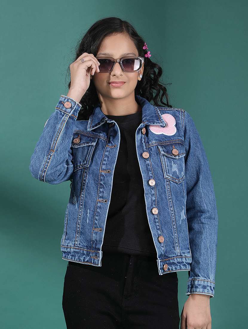 girls solid long sleeve collaerd denim jacket