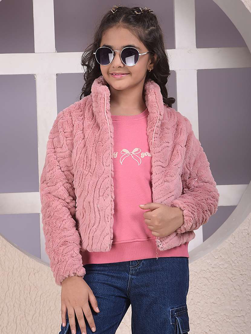girls solid stand collar long sleeve faux fur jacket