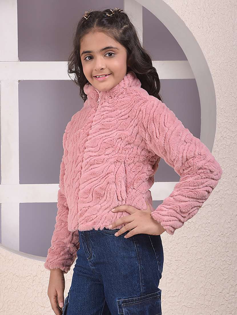 girls solid stand collar long sleeve faux fur jacket - 22074445 -  Standard Image - 3