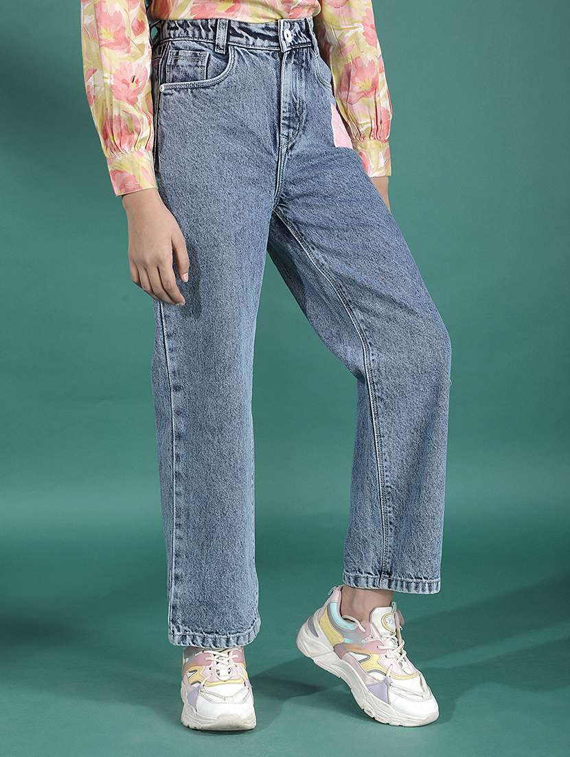 girls solid mid rise straight fit jean