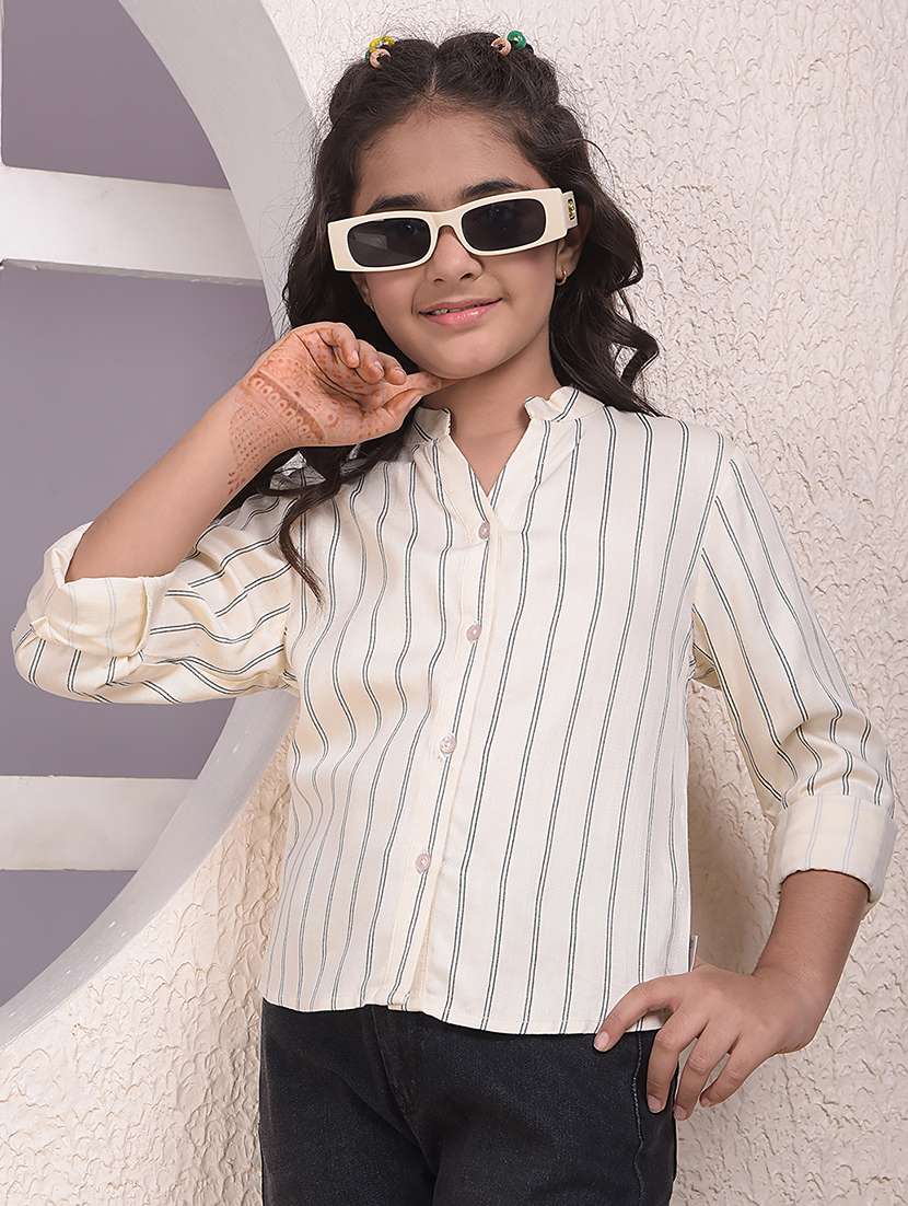 girls striped long sleeve mandarin collar shirt