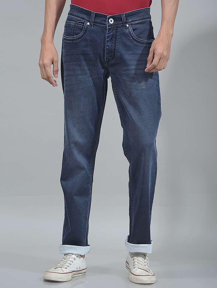 men washed mid rise full length jeans