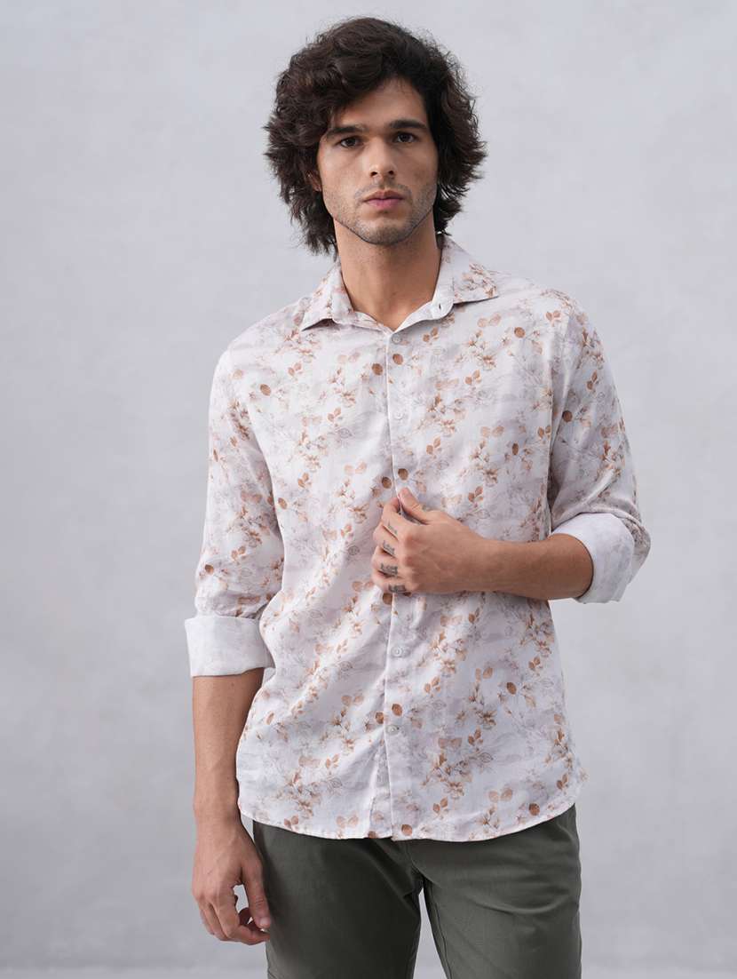 men floral printed long sleeve slim fit casual shirt