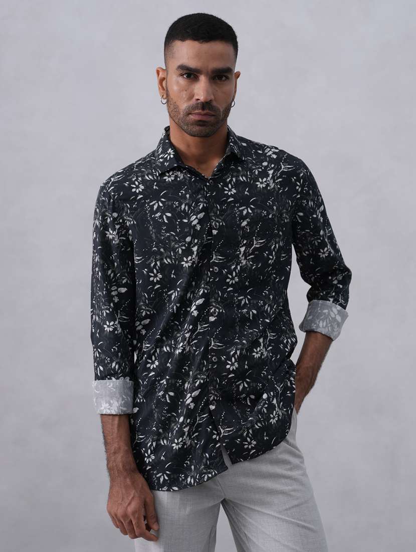 men floral printed long sleeve slim fit casual shirt