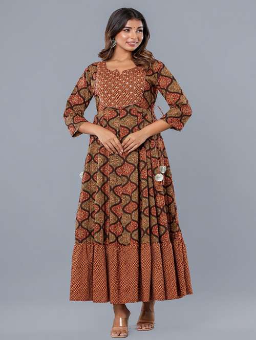 women printed three quarter sleeve ethnic dress - 22074593 -  Standard Image - 0