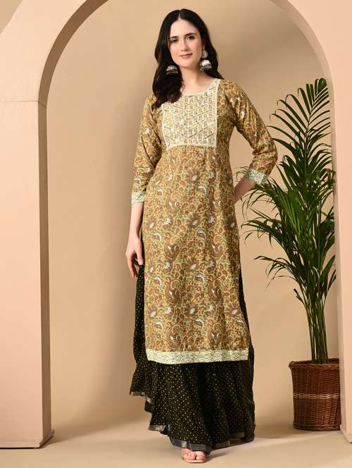 women printed three quarter sleeve straight kurta - 22074595 - Standard Image - 0