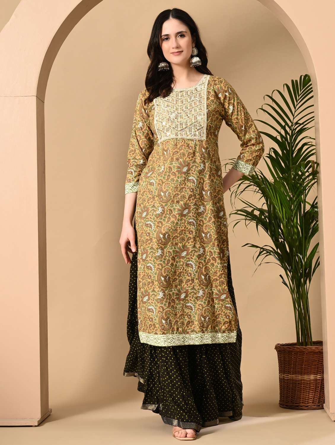 women printed three quarter sleeve straight kurta