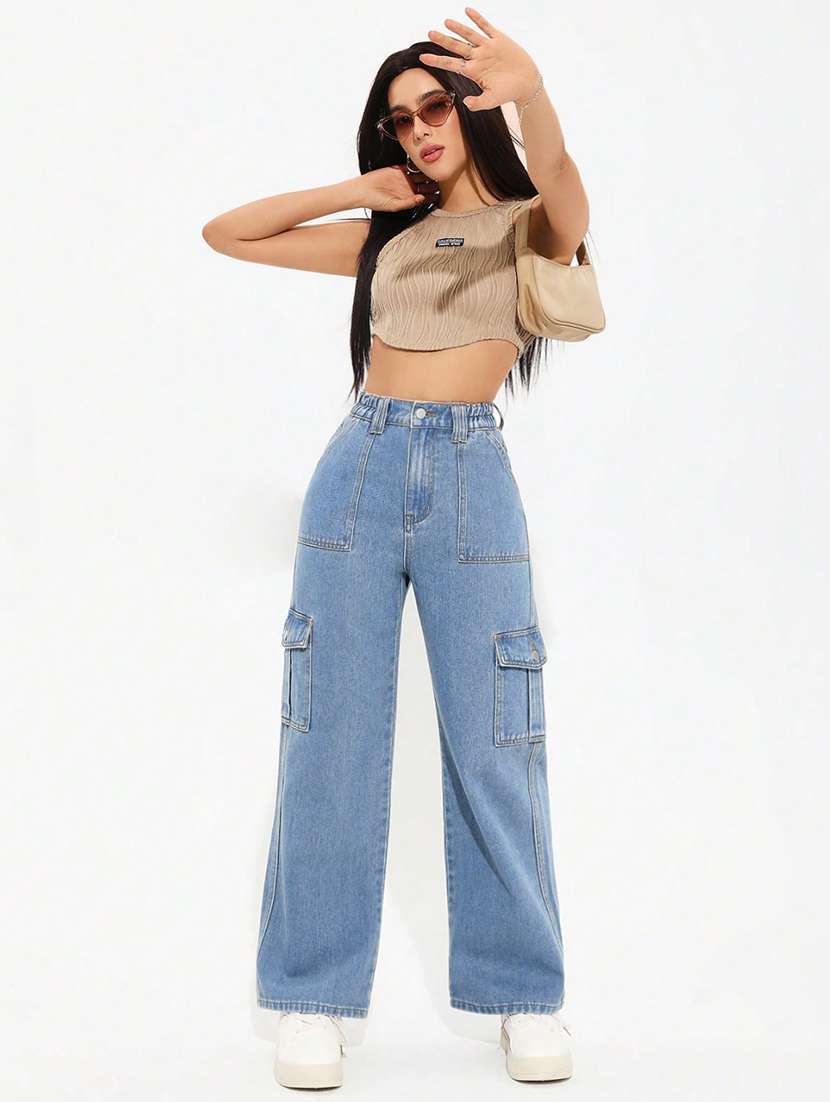 women solid high rise relaxed fit denim cargo - 22074602 -  Standard Image - 3
