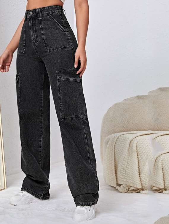 women solid high rise denim cargo