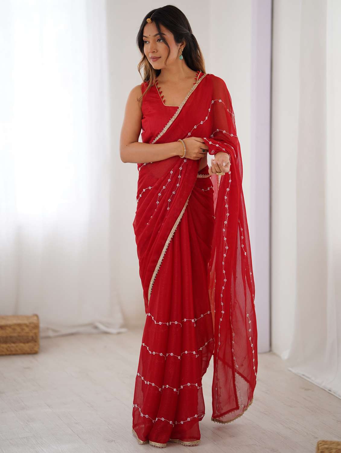 women solid with work embroidered saree with blouse - 22074615 -  Zoom Image - 0