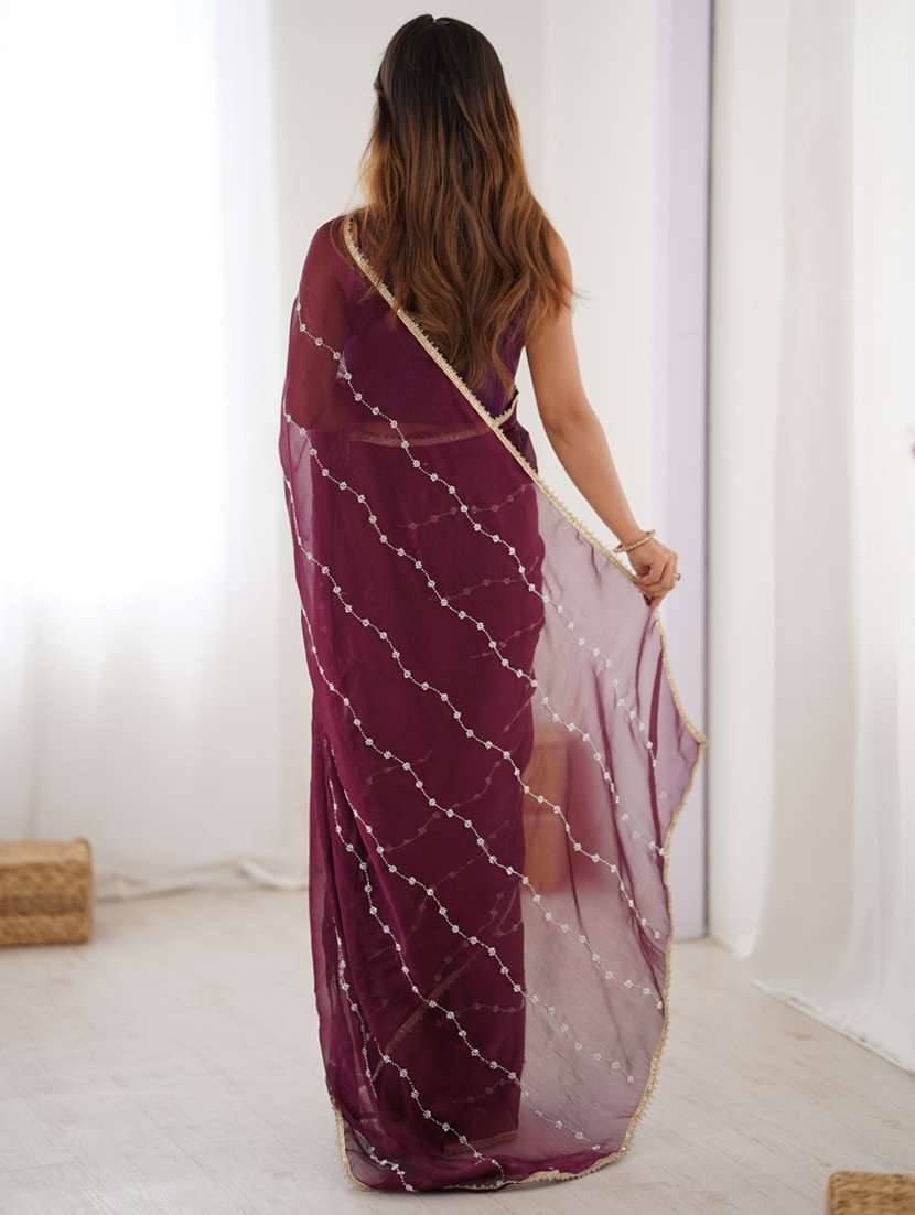 women solid with work embroidered saree with blouse - 22074616 -  Standard Image - 3