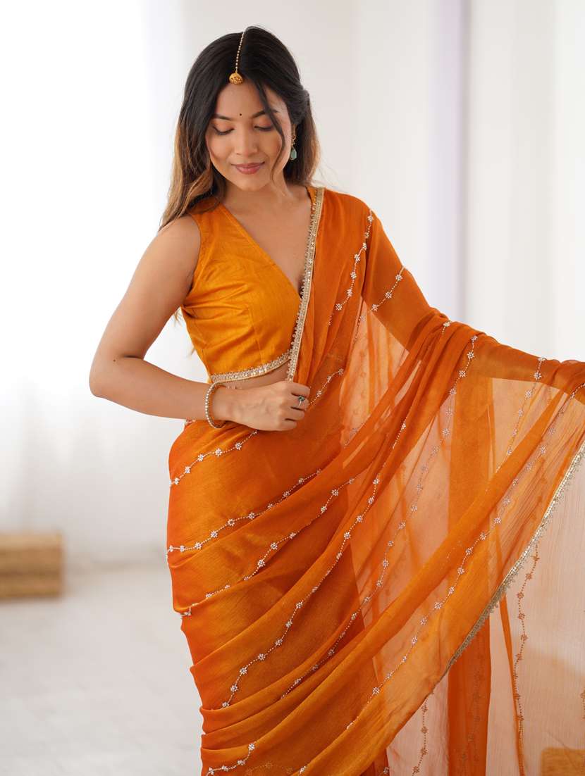 women solid with work embroidered saree with blouse - 22074617 - Standard Image - 3