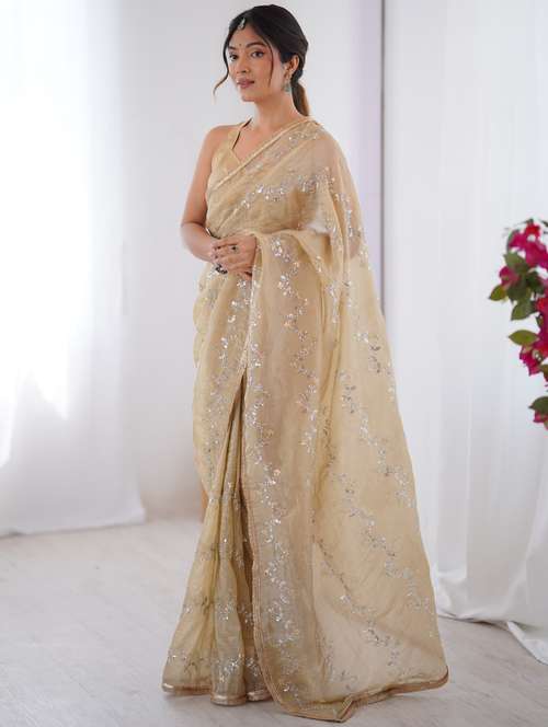 women solid with work embroidered saree with blouse - 22074618 - Standard Image - 0