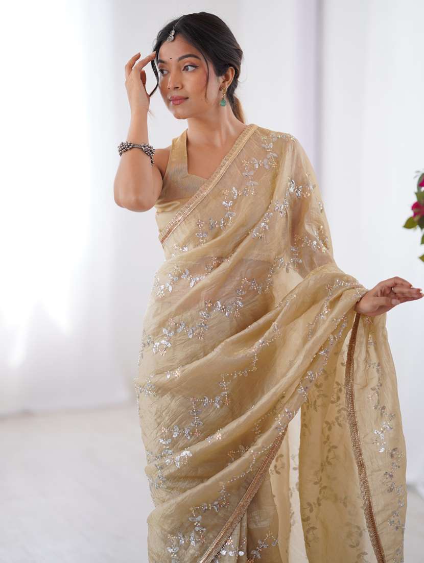 women solid with work embroidered saree with blouse - 22074618 - Standard Image - 3