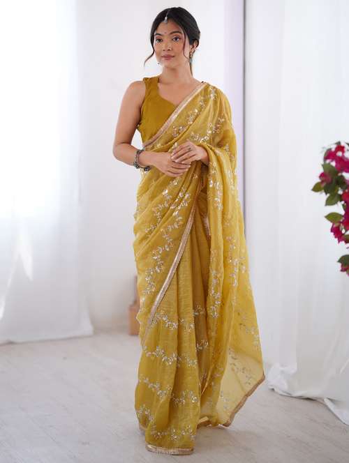 women solid with work embroidered saree with blouse - 22074620 - Standard Image - 0