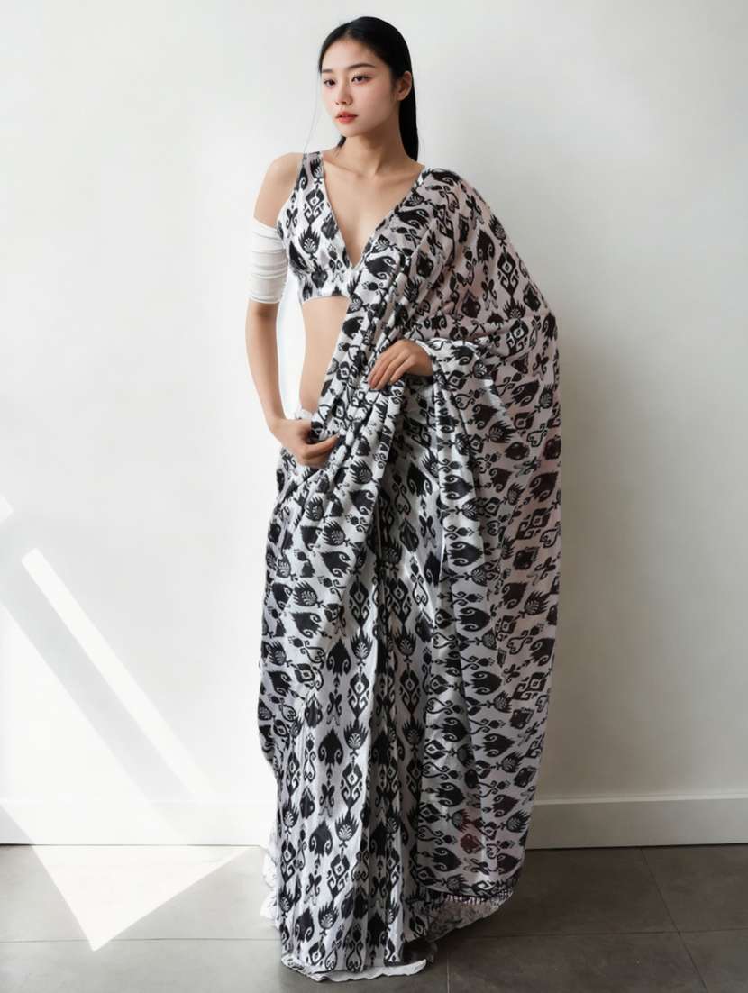 women ikat printed ready to wear saree with blouse - 22074677 -  Zoom Image - 0